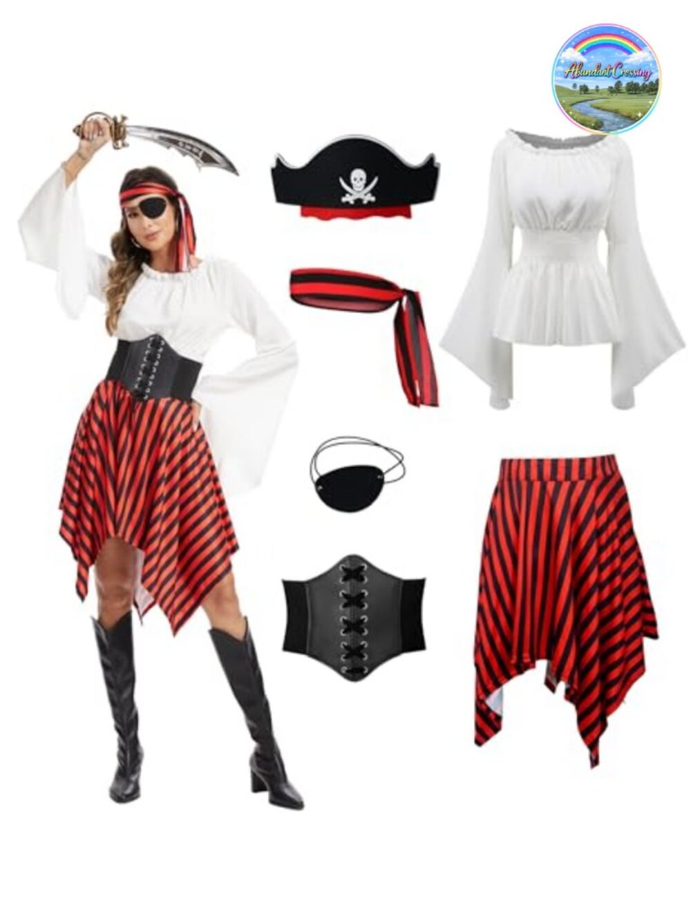 Womens Pirate Costume 6 Pc Renaissance Medieval Outfit Off Shoulder Blouse